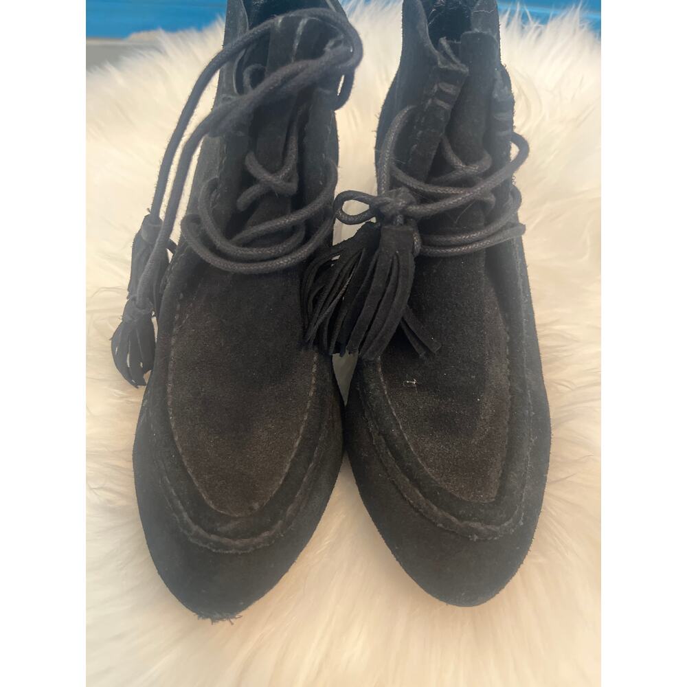 Rebecca Minkoff black suede leather tassel ankle booties with a wedge heel. 7.5 - Picture 2 of 4
